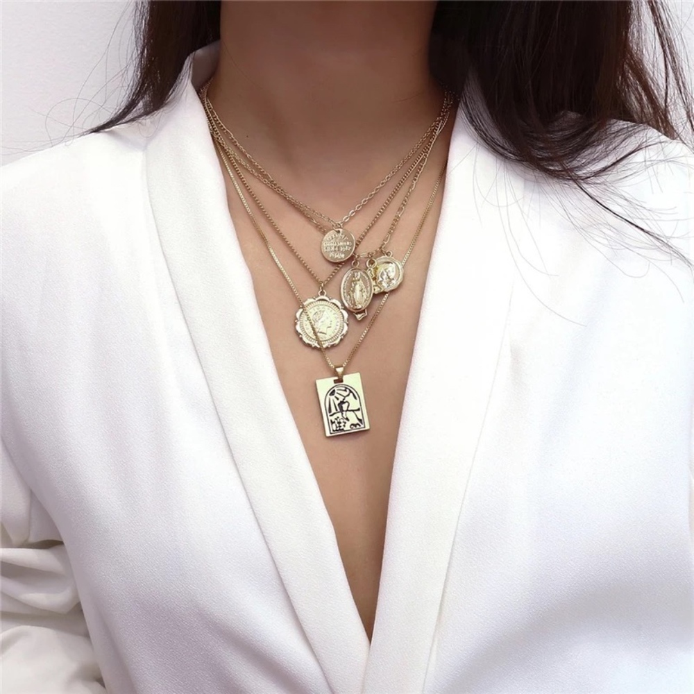 Set of Layered Gold Pendant Religious Necklaces - Picture 2 of 8